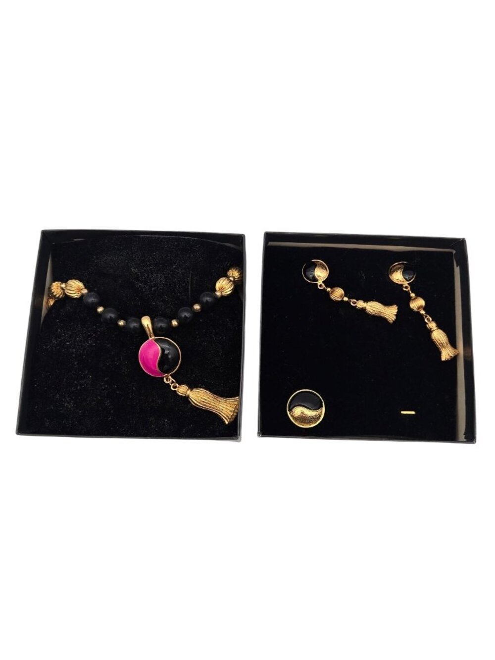 Vintage Custom Necklace & Earrings Set With Brooch Gold & Black Beads Avon 1994